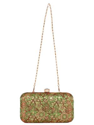 Tulle Raw Silk Fabric Printed Clutch Green & Gold 4
