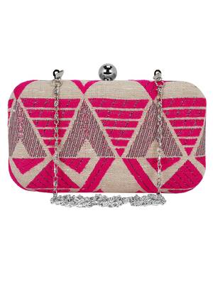 Hyperbole Fabric jacquard Textured Clutch Beige & Neon Pink 1