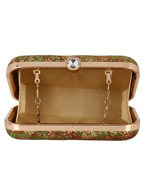 Tulle Raw Silk Fabric Printed Clutch Green & Gold 5