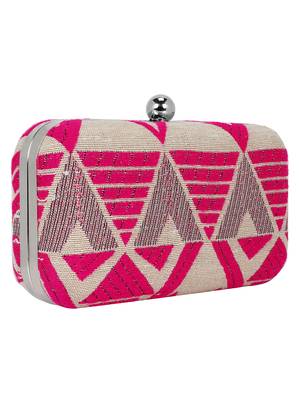 Hyperbole Fabric jacquard Textured Clutch Beige & Neon Pink 2