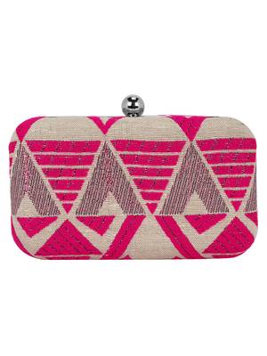 Hyperbole Fabric jacquard Textured Clutch Beige & Neon Pink 3