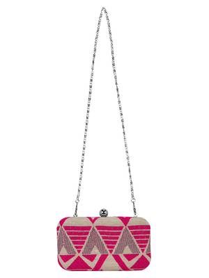 Hyperbole Fabric jacquard Textured Clutch Beige & Neon Pink 4