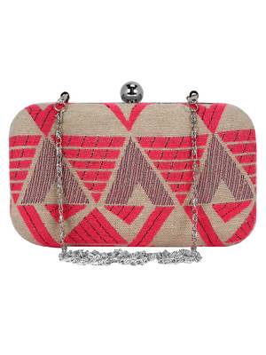 Hyperbole Fabric jacquard Textured Clutch Beige & Neon Pink 1