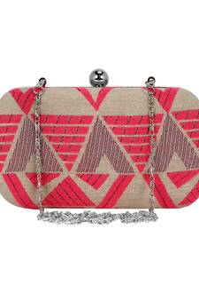 Hyperbole Fabric jacquard Textured Clutch Beige & Neon Pink