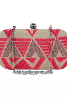 Hyperbole Fabric jacquard Textured Clutch Beige & Neon Pink