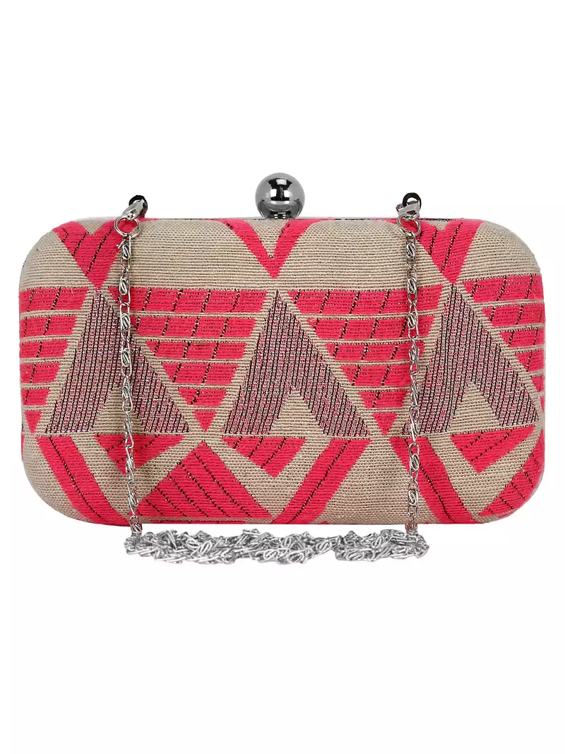 Hyperbole Fabric jacquard Textured Clutch Beige & Neon Pink