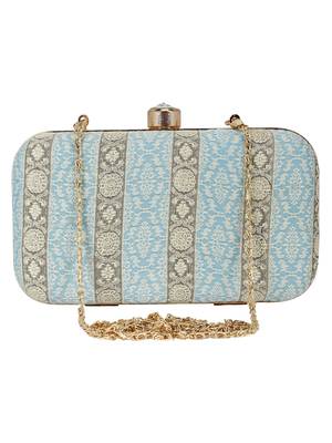 Tulle Raw Silk Fabric Printed Clutch Blue & Gold 1