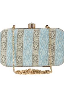 Tulle Raw Silk Fabric Printed Clutch Blue & Gold