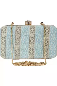 Tulle Raw Silk Fabric Printed Clutch Blue & Gold