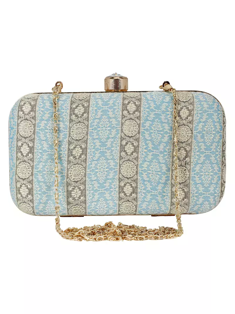 Tulle Raw Silk Fabric Printed Clutch Blue & Gold