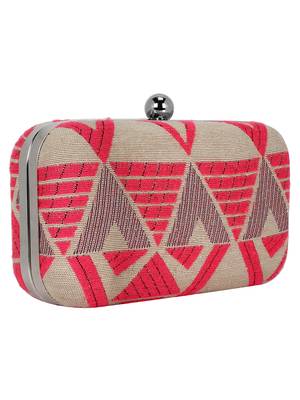 Hyperbole Fabric jacquard Textured Clutch Beige & Neon Pink 2