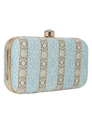 Tulle Raw Silk Fabric Printed Clutch Blue & Gold 2
