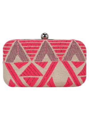 Hyperbole Fabric jacquard Textured Clutch Beige & Neon Pink 3