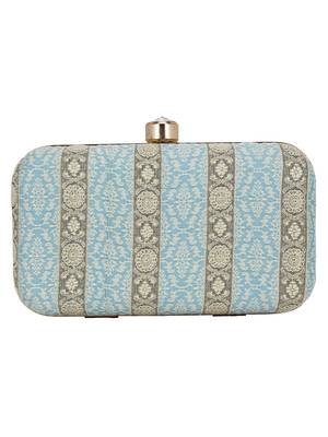 Tulle Raw Silk Fabric Printed Clutch Blue & Gold 3