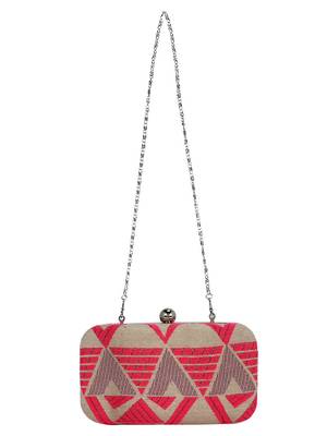 Hyperbole Fabric jacquard Textured Clutch Beige & Neon Pink 4