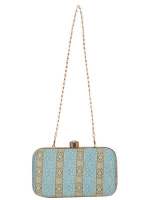 Tulle Raw Silk Fabric Printed Clutch Blue & Gold 4