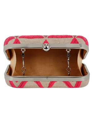 Hyperbole Fabric jacquard Textured Clutch Beige & Neon Pink 5