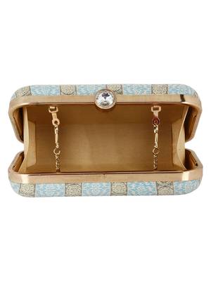 Tulle Raw Silk Fabric Printed Clutch Blue & Gold 5