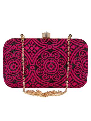 Loom Cotton Fabric Printed Clutch Black & Pink 1