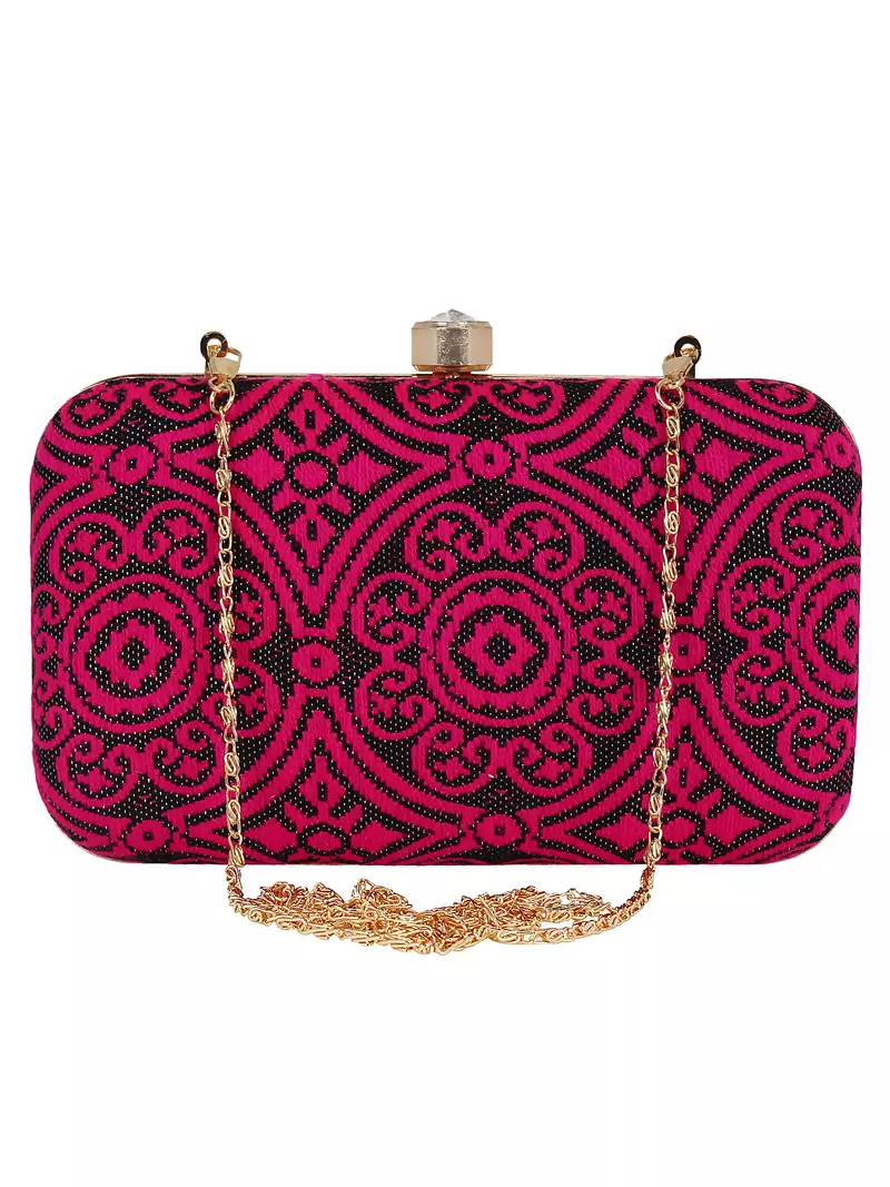Loom Cotton Fabric Printed Clutch Black & Pink