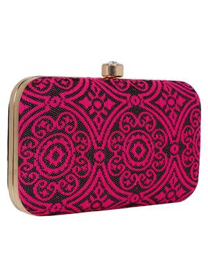 Loom Cotton Fabric Printed Clutch Black & Pink 2
