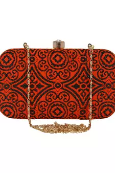 Loom Cotton Fabric Printed Clutch Black & Orange