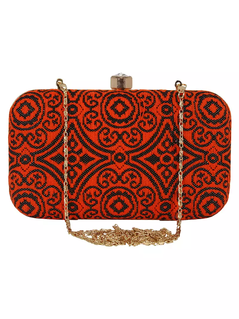 Loom Cotton Fabric Printed Clutch Black & Orange