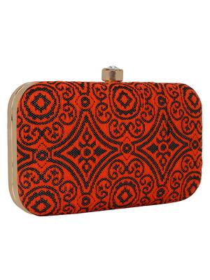 Loom Cotton Fabric Printed Clutch Black & Orange 2