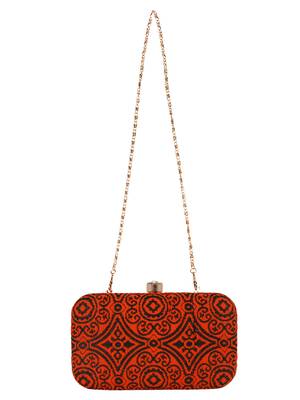 Loom Cotton Fabric Printed Clutch Black & Orange 4