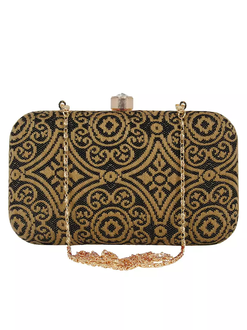 Loom Cotton Fabric Printed Clutch Black & Beige