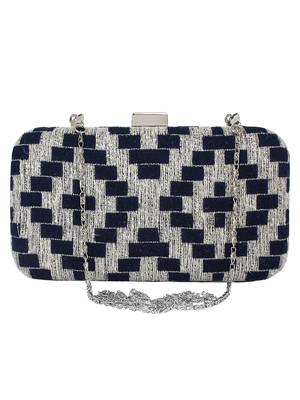 Hyperbole Cotton Fabric Textured Clutch Navy Blue & Silver 1