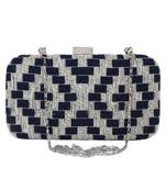 Hyperbole Cotton Fabric Textured Clutch Navy Blue & Silver