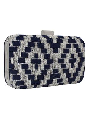 Hyperbole Cotton Fabric Textured Clutch Navy Blue & Silver 2