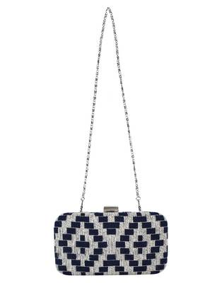 Hyperbole Cotton Fabric Textured Clutch Navy Blue & Silver 4
