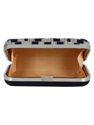 Hyperbole Cotton Fabric Textured Clutch Navy Blue & Silver 5