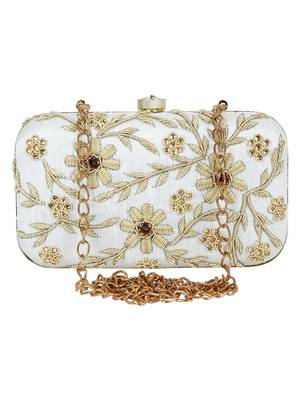 Adorn Cotton Embellished Clutch Beige & Gold 1