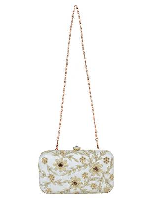 Adorn Cotton Embellished Clutch Beige & Gold 4