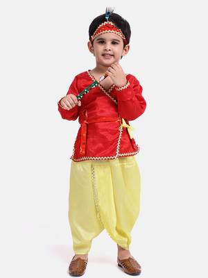 Red Dhoti Kurta Krishna Kanhaiya Suit With Mukut And Bansuri 1