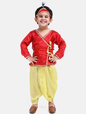 Red Dhoti Kurta Krishna Kanhaiya Suit With Mukut And Bansuri 2