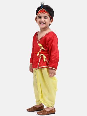 Red Dhoti Kurta Krishna Kanhaiya Suit With Mukut And Bansuri 3