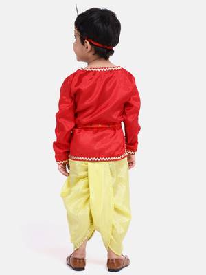 Red Dhoti Kurta Krishna Kanhaiya Suit With Mukut And Bansuri 4