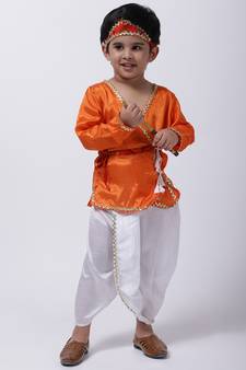 Orange Dhoti Kurta Krishna Kanhaiya Suit With Mukut And Bansuri