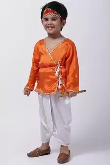 Orange Dhoti Kurta Krishna Kanhaiya Suit With Mukut And Bansuri
