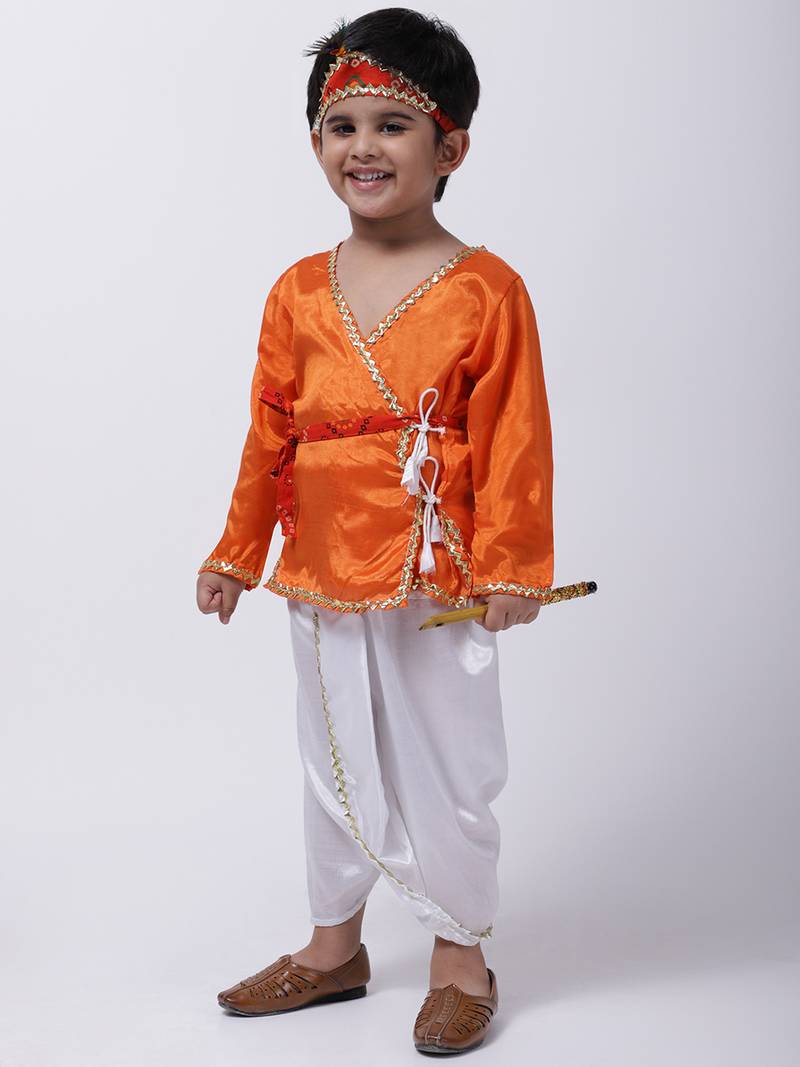 Orange Dhoti Kurta Krishna Kanhaiya Suit With Mukut And Bansuri