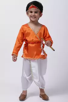 Orange Dhoti Kurta Krishna Kanhaiya Suit With Mukut And Bansuri