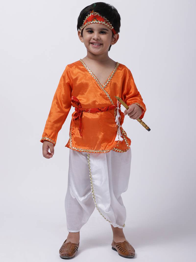 Orange Dhoti Kurta Krishna Kanhaiya Suit With Mukut And Bansuri