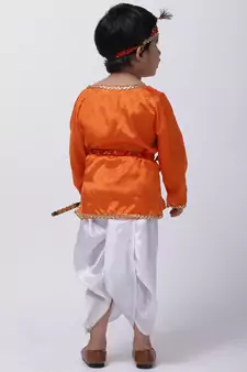 Orange Dhoti Kurta Krishna Kanhaiya Suit With Mukut And Bansuri