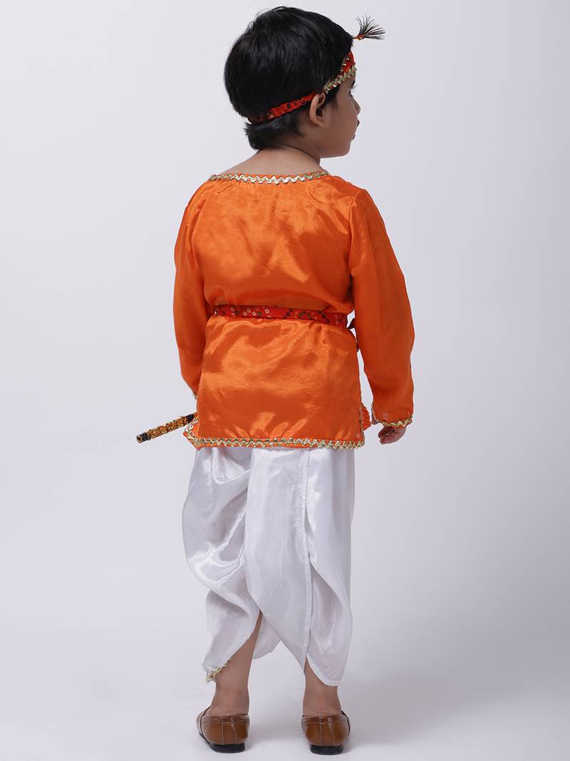 Orange Dhoti Kurta Krishna Kanhaiya Suit With Mukut And Bansuri