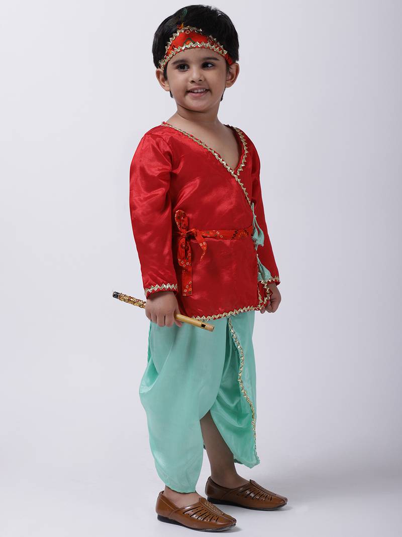 Red Dhoti Kurta Krishna Kanhaiya Suit With Mukut And Bansuri