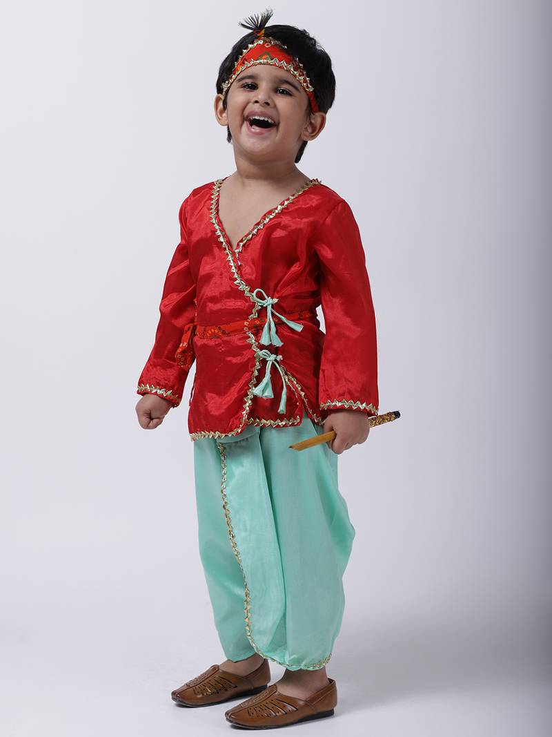 Red Dhoti Kurta Krishna Kanhaiya Suit With Mukut And Bansuri